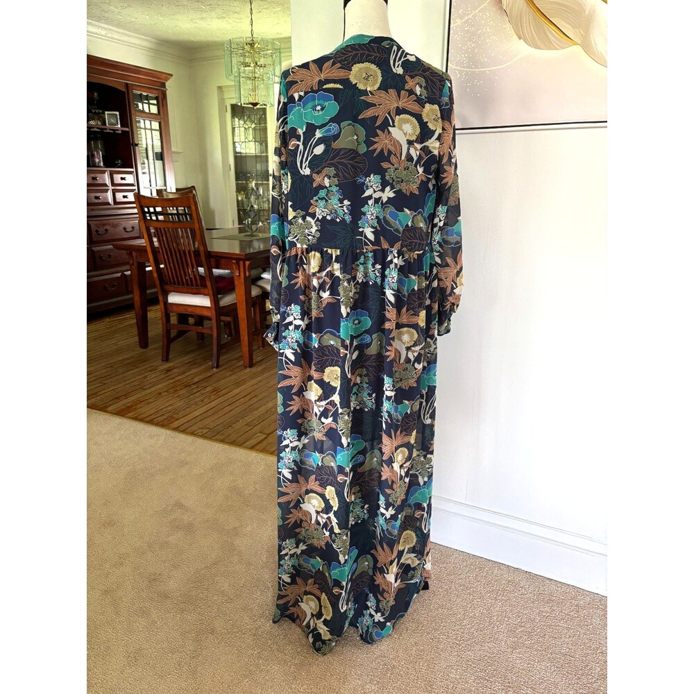 H&M Conscious Collection Navy Floral Maxi Shirt Dress Sz 10 Flowy Boho - Picture 2 of 10